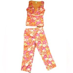 Sigrid Olsen orange Floral capri Pants matching Tank Top set size 4